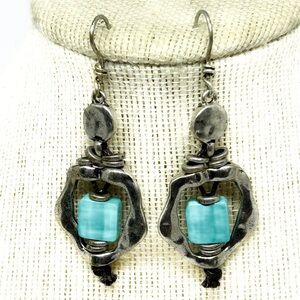Silvertone‎ & Blue Square Gem Dangle Earrings